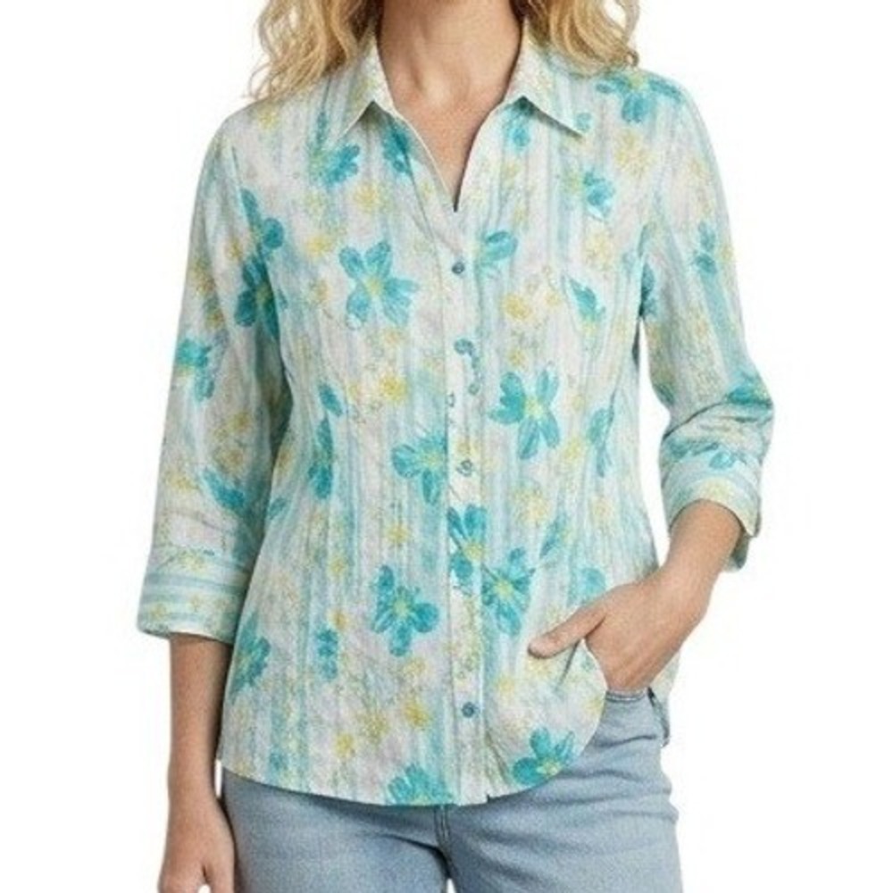 Denim & Co Women Large Teal Floral Print Button Down 3/4 Sleeve Blouse Top Shirt